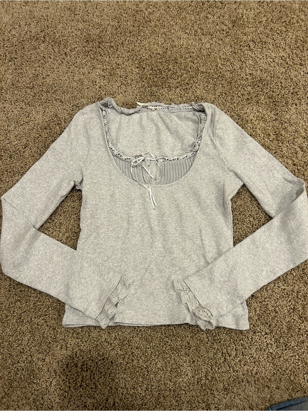Free People Light Gray Lace-Trim Scoop Neck Long Sleeve Top